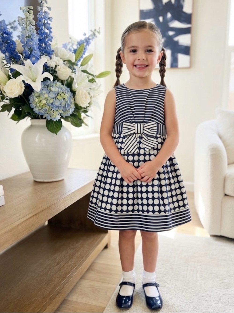 🎼Mayoral chie sleeveless striped & circle blue and white dress size 4 GUC